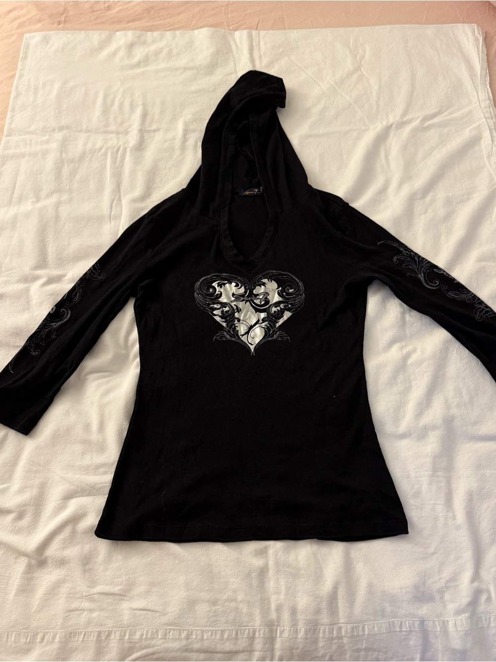 Seven 7 Y2K Black Graphic Hoodie with Heart Detail
